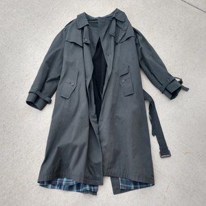 MEN'S R44 REPELLANT BLACK TRENCH COAT OVERCOAT BLUE PLAID REMOVEABLE WOOL LINER